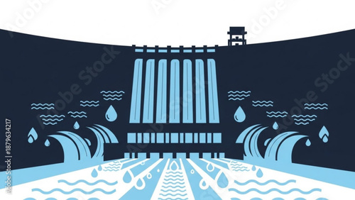 Hydroelectric dam generates power with water flowing through turbines in a serene industrial environment.