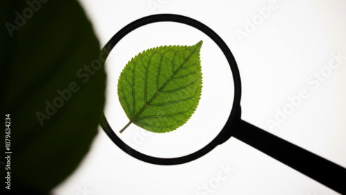 A magnifying glass zooms in on a green leaf closely.