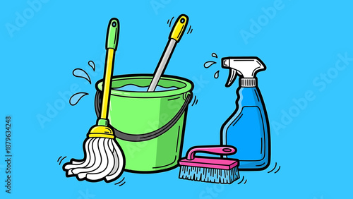 Cleaning Supplies Bucket Mop Sprayer Brush.