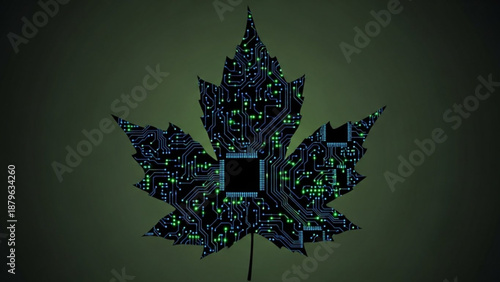 A glowing green and blue maple leaf with circuitry patterns stands out against a dark background.