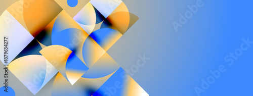 Abstract geometric shapes, orange, blue hues dominate composition. Minimalist design, modern aesthetic, clean lines present.