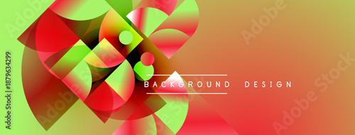 Abstract vibrant design features overlapping colorful shapes. Gradient background transitions from green to orange, red hues dominate central area.