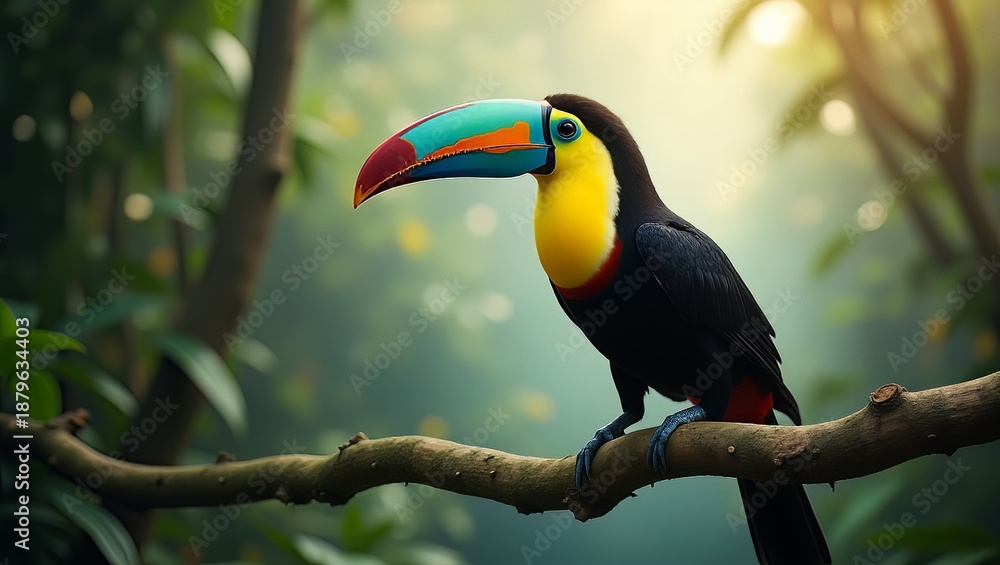 Fototapeta premium Vibrant Toucan perched on a lush jungle branch, a symbol of tropical biodiversity in its natural habitat