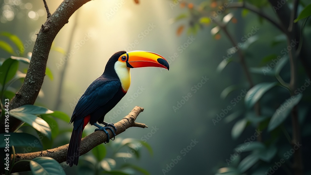 Fototapeta premium A vibrant toucan, showcasing its striking colorful beak, perches on a sunlit branch in a lush tropical rainforest