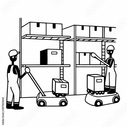 Hand drawn vector illustration of a man with pallet truck and sitting on chair