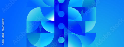 Abstract geometric design. Blue shades create modern, dynamic composition. Circles, curves form interesting visual pattern.