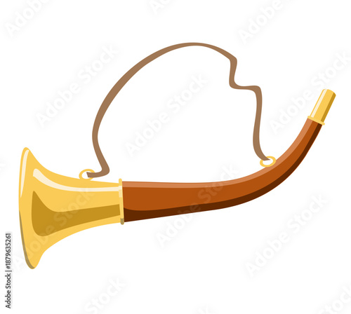Post horn cartoon illustration. Traditional postal or hunting horn flat design
