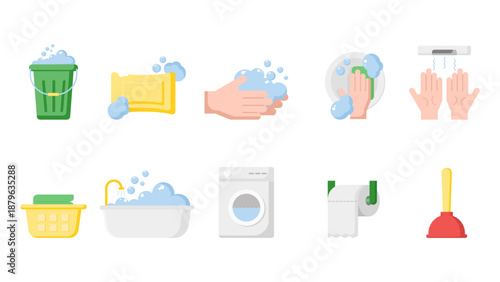 Hygiene and Cleaning Service Icon Set, Flat Vector Illustration of Washing Hands, Laundry, and Bathroom Equipment