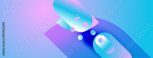 Abstract shapes blend vibrant blues, purples, pinks. Gradient colors create flowing, modern design. Smooth forms suggest movement, energy.