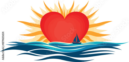Red Heart Symbol with Sun and Ocean Waves.