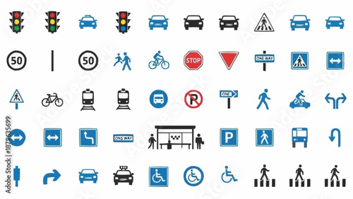 Collection of Road Signs and Traffic Signals Icons.
