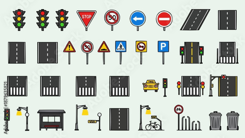 Collection of traffic signs and road elements.