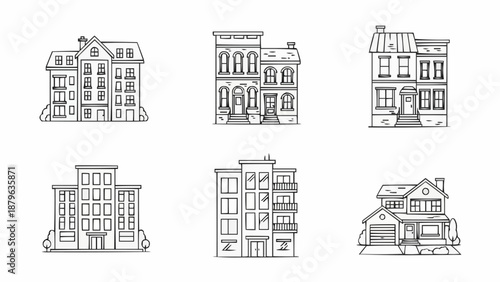 Collection of Diverse Architectural Building Styles Hand Drawn Sketch.