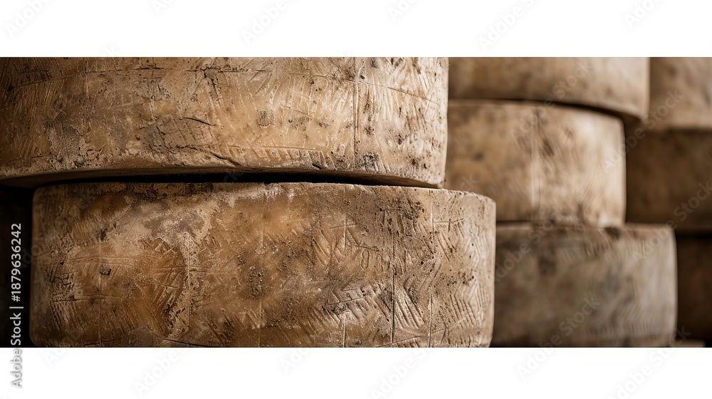 Fototapeta premium Several wheels of aged parmesan are stacked in an artisanal shop ready for customers to view and purchase
