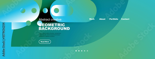 Website header design. Abstract shapes, vibrant colors, geometric patterns. Navigation menu present, text content visible. Modern aesthetic.