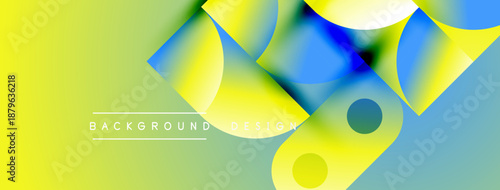 Abstract geometric shapes overlap, creating vibrant yellow, blue gradients. Light green background complements design elements. Modern aesthetic.