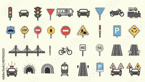 Collection of traffic signs and vehicles illustration.