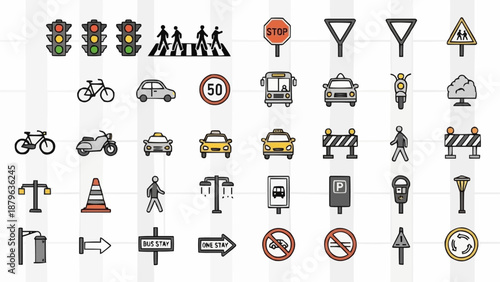 Collection of traffic and road signs and symbols.