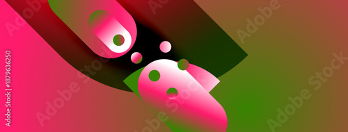 Abstract shapes, vibrant colors blend. Pink, green gradients create dynamic composition. Circles intersect, forming interesting visual effect.