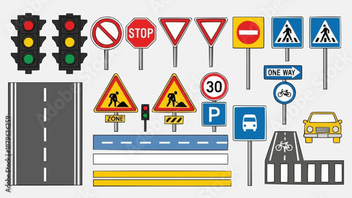 Collection of traffic signs and road elements.