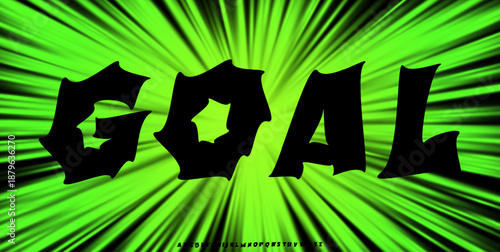 Goal Shout Font Logo Alphabet Football Lettering Banner on Green Explosion Comic Rays Background. Sport Typographic Design for Title Text, Hockey Soccer Sports Poster Headline. Vector Typeface