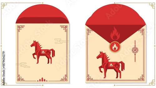 Vector illustrations of chinese angpao envelopes with horse designs on a beige background with red accents and fire motifs