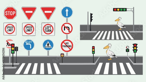 Collection of traffic signs and road elements with pelicans.