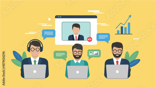 Remote Team Video Conference: Business People Working Online with Laptops, Webinar, or Virtual Meeting Illustration