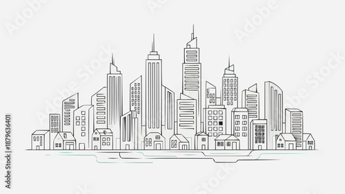 Modern City Skyline Sketch Drawing Buildings.