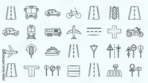 Collection of Hand Drawn Transportation Icons and Road Symbols.