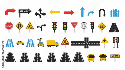 Collection of Road Signs and Traffic Signals.