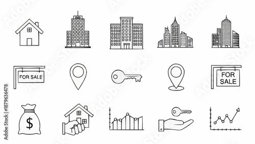 Real Estate Icons Collection Buildings For Sale Key Location Money.