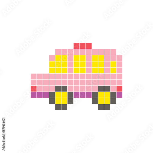 A flat pixel design made of geometric square color blocks on a clean icon layout. Pixel art minibus