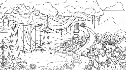 Whimsical cartoon drawing of a playground with a swing set and slide under a large tree
