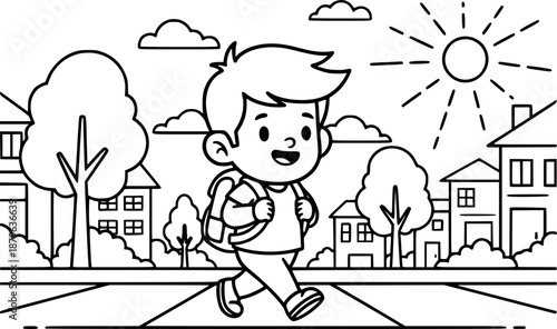 Cute cartoon boy with backpack walking happily to school, line art illustration
