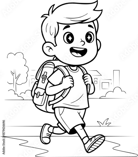 Cute cartoon boy with backpack walking happily to school, line art illustration
