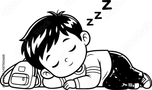 Cute cartoon boy with backpack sleeping peacefully on white background
