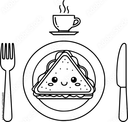 Cute kawaii sandwich with a happy face on a plate with cutlery and coffee
