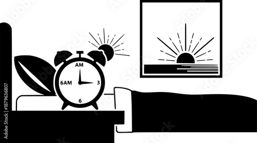 Sunrise seen through a window with curtains, an alarm clock, and a steaming cup of coffee
