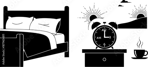 Sunrise seen through a window with curtains, an alarm clock, and a steaming cup of coffee
