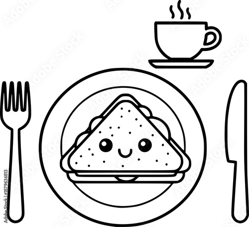 Cute kawaii sandwich with a happy face on a plate with cutlery and coffee
