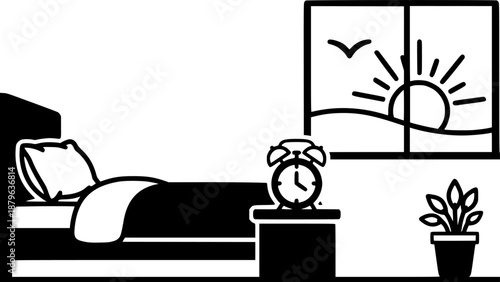 Sunrise seen through a window with curtains, an alarm clock, and a steaming cup of coffee
