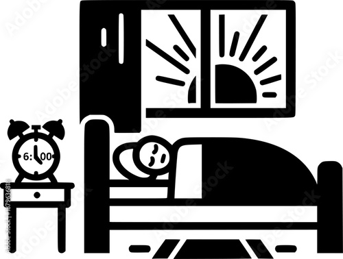 Sunrise seen through a window with curtains, an alarm clock, and a steaming cup of coffee
