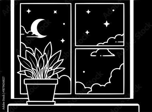 Cozy night view through a window with moon, stars, and a plant on the sill
