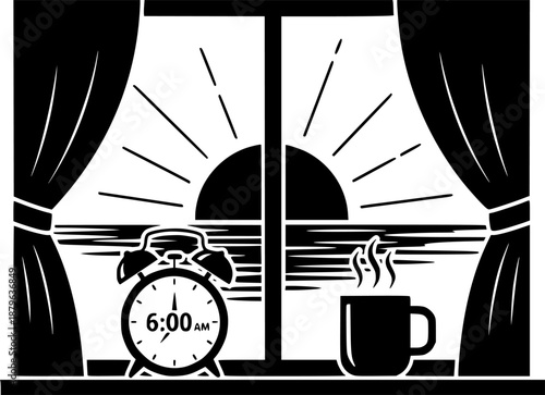 Sunrise seen through a window with curtains, an alarm clock, and a steaming cup of coffee
