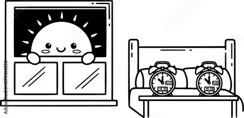 Cute cartoon sun peeking through window above bed with alarm clocks
