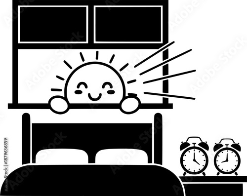 Cute cartoon sun peeking through window above bed with alarm clocks
