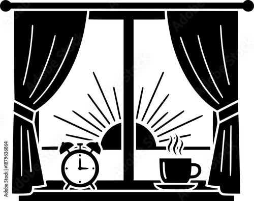 Sunrise seen through a window with curtains, an alarm clock, and a steaming cup of coffee
