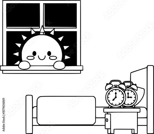 Cute cartoon sun peeking through window above bed with alarm clocks
