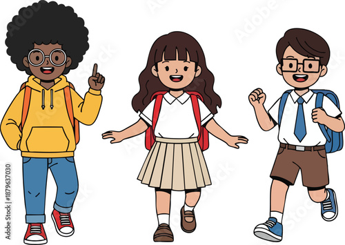 Diverse Happy School Children Wearing Uniforms and Backpacks Illustration